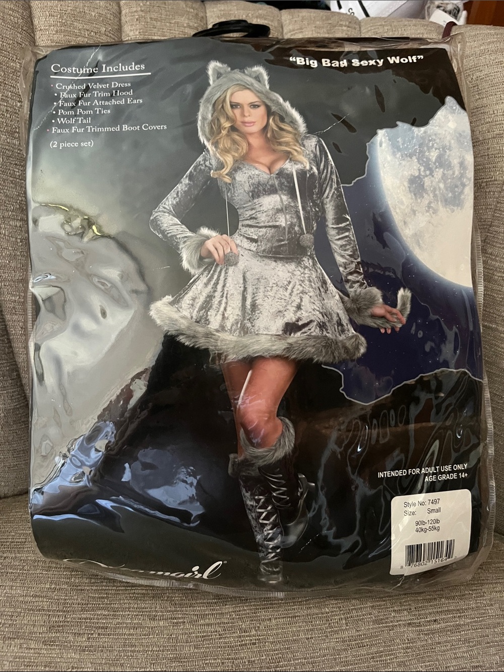"Halloween Big Bad Sexy Wolf" Grey Velvet Hooded Costume Dress